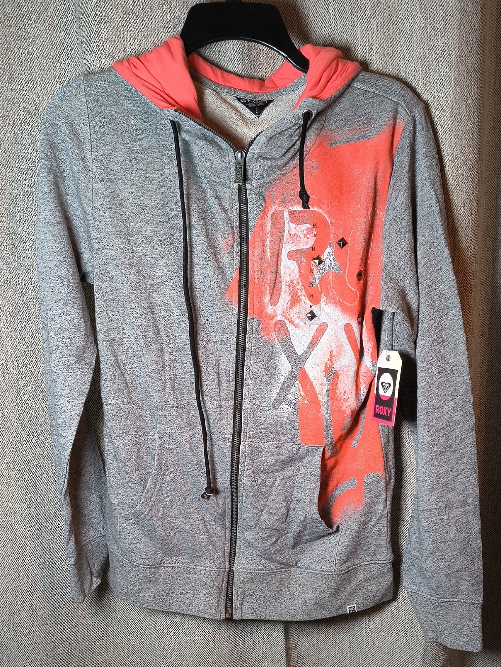 Roxy Gray Zip Hoodie with Coral Graphic and Coral-Lined Hood